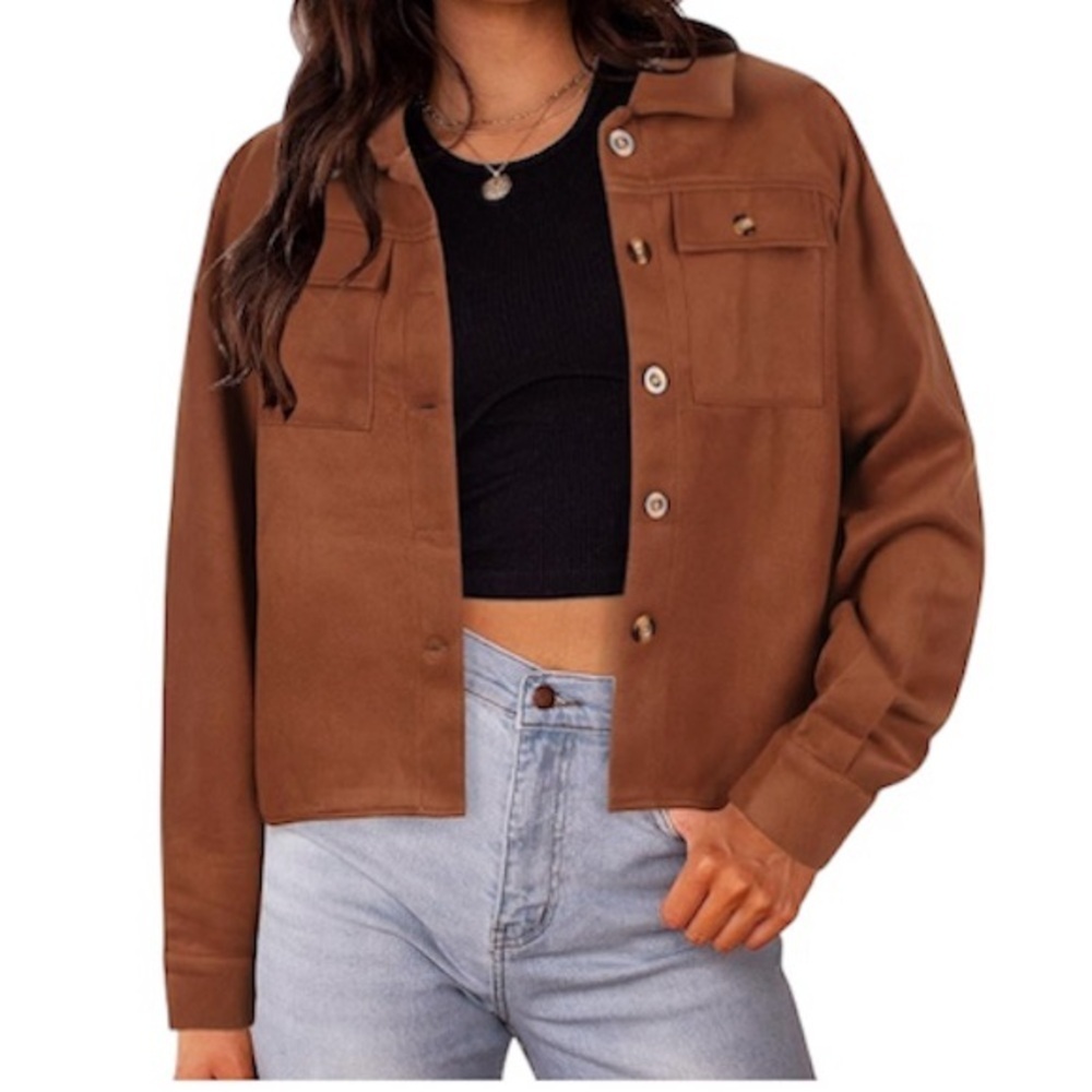 Hotouch Jacket Brushed Flannel Cropped Shacket Brown Size Small Western Boho NWT